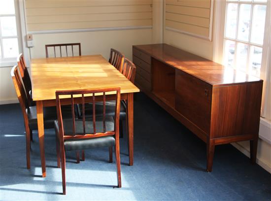 Archie Shine. A 1950s Danish rosewood dining suite, table extends to 7ft x 2ft 9in., sideboard W.7ft